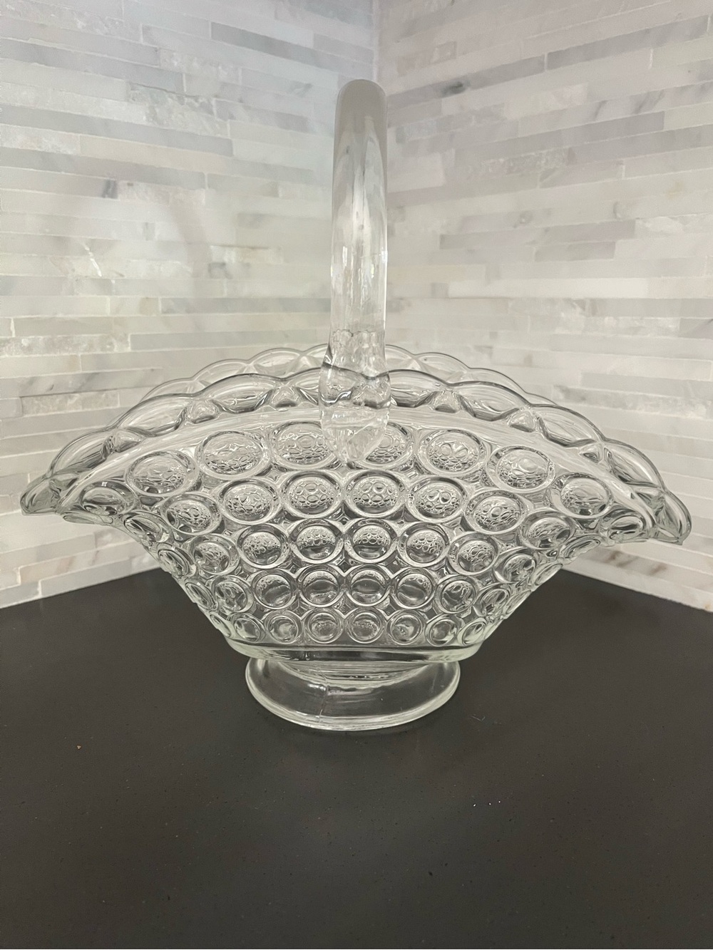 Antique 1890’s Findlay Bellaire glass basket bullseye or "thousand eye"  10.25 H